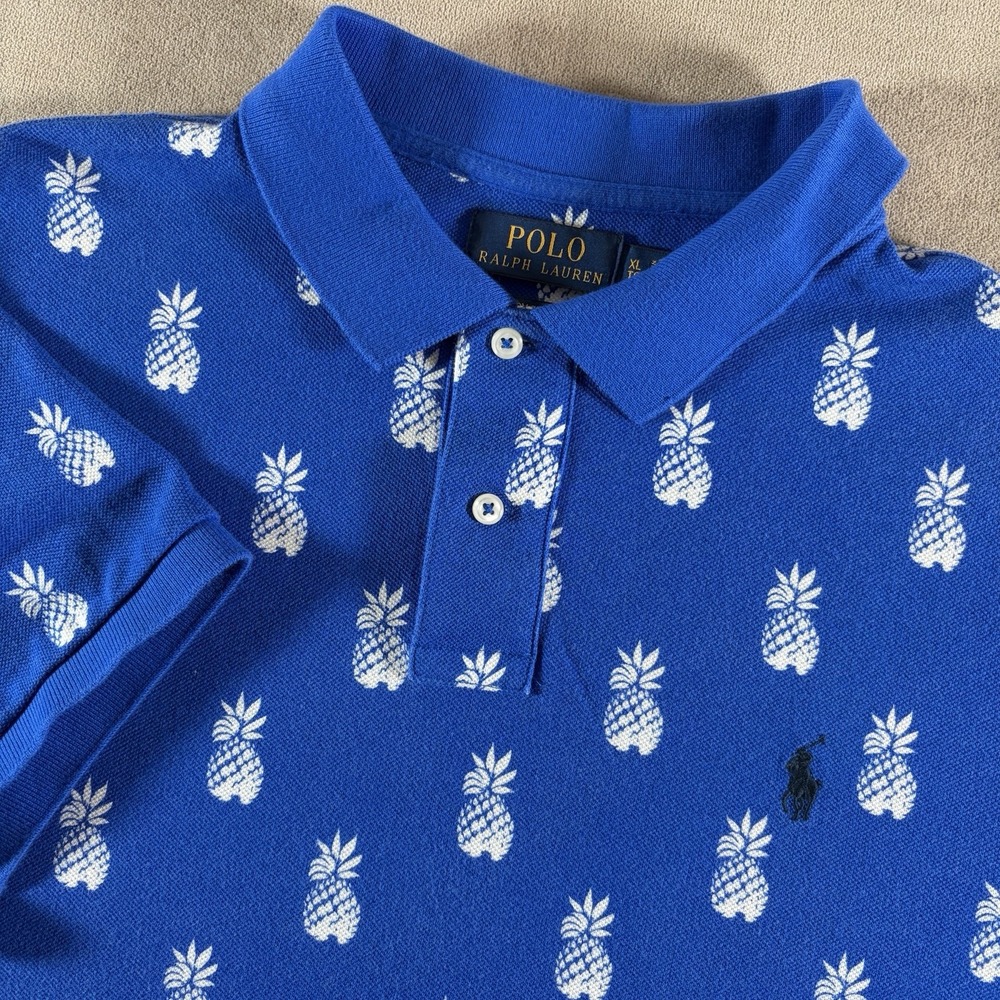Polo Ralph Lauren Shirt Men XL Blue Pineapple Print Custom Slim Fit Short Sleeve